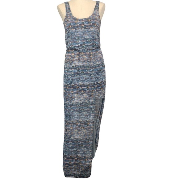 Lush Step Hem Asymmetrical Maxi Dress - Blue/Multi Abstract Print, Size XS - Picture 1 of 8